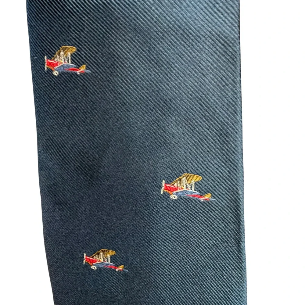 Vintage Lands End Biplane‎ Silk Tie Blue Embroidered Aviation Airplane Captain